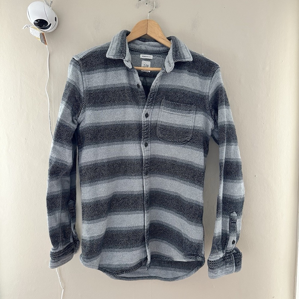 Y2K GAP Mens Standard Fit Button Up Size S Striped Gray Thick Canvas Collared - Picture 1 of 8